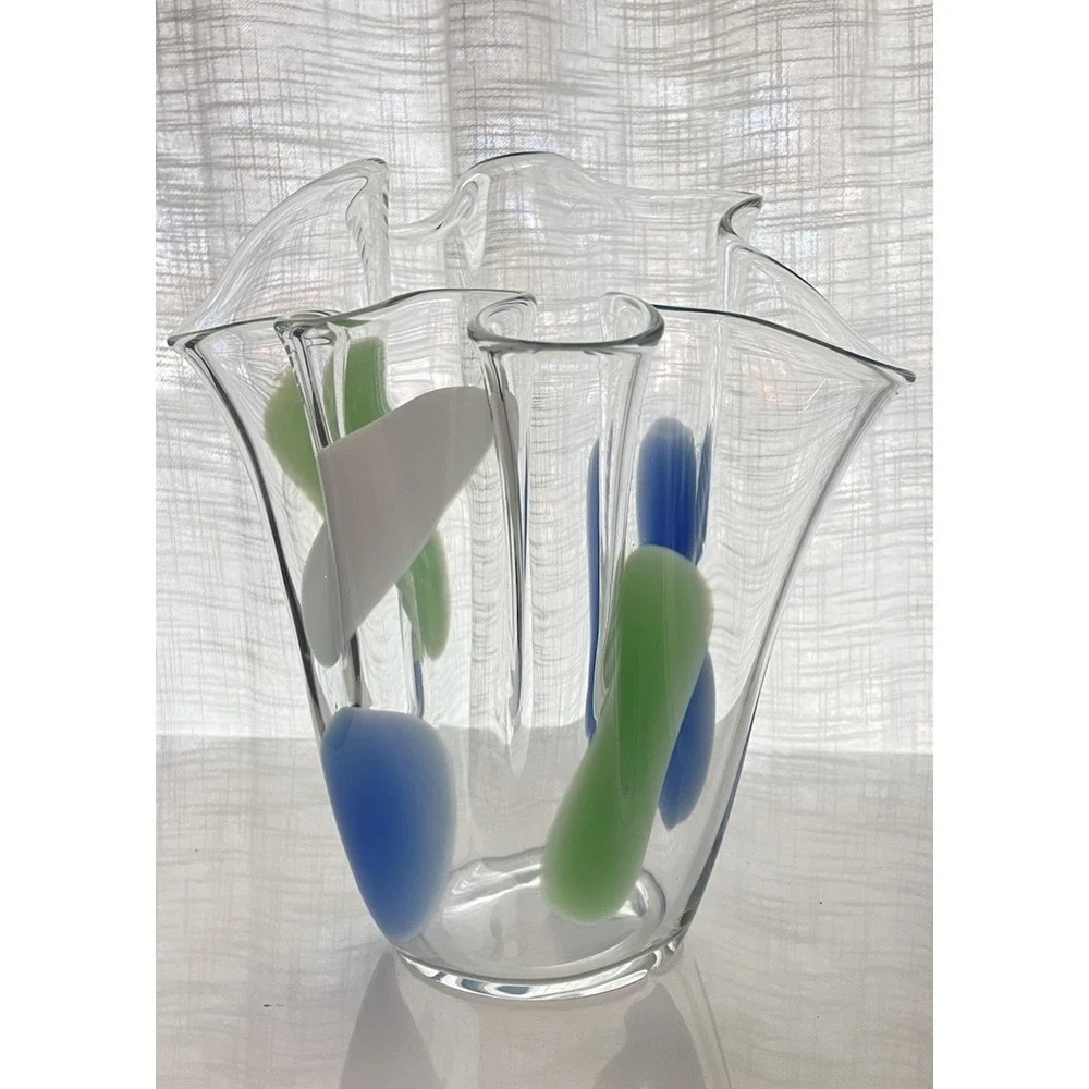 Murano Style‎ Studio Art Glass Vase Modern Ruffled  Rim Green Blue White Large